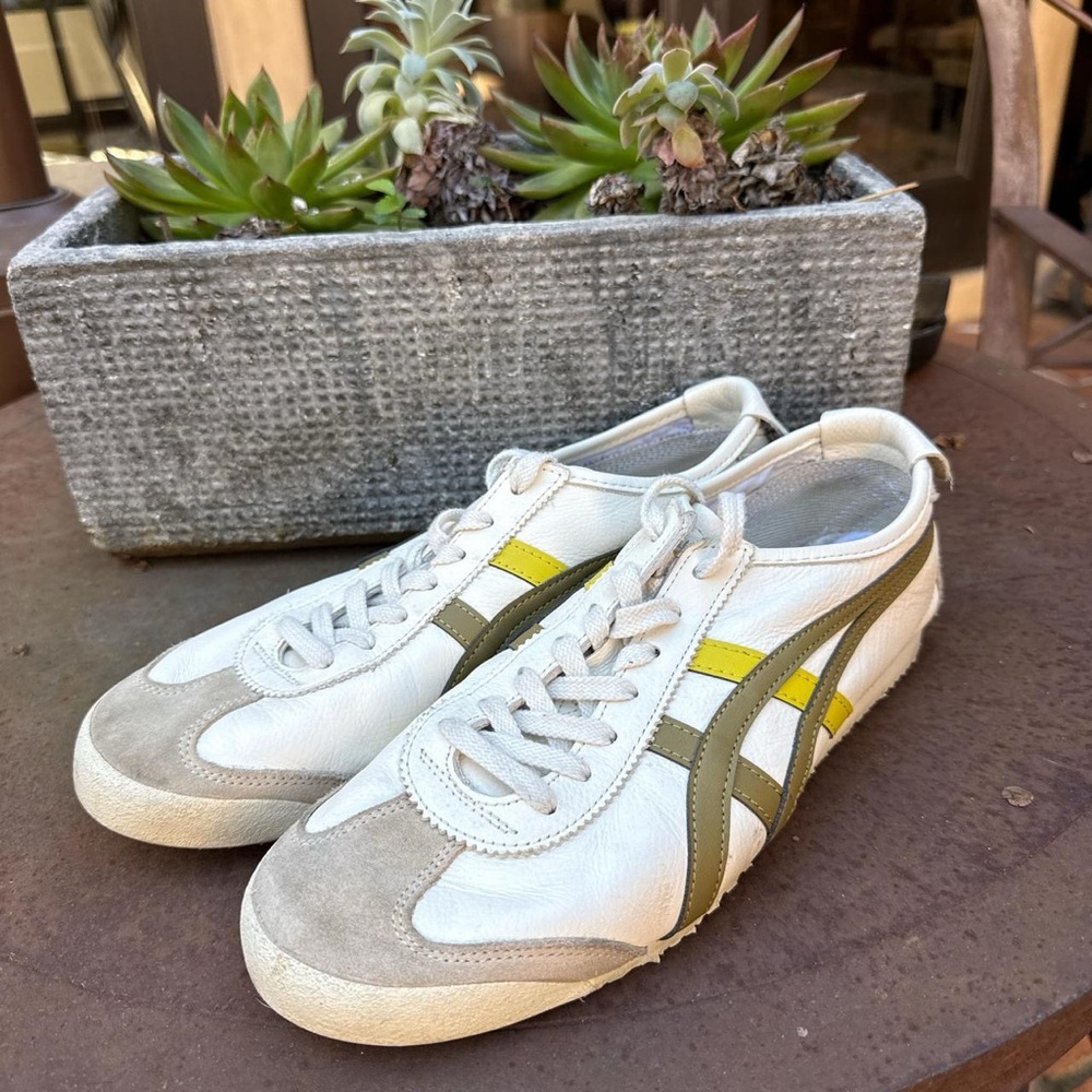 Onitsuka Tiger by Asics White and Olive Sneakers with Yellow Stripes